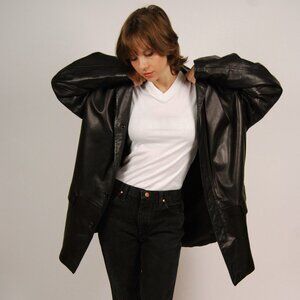 Y2K Hugo Boss Leather Jacket (L) large black vintage button up blazer oversize